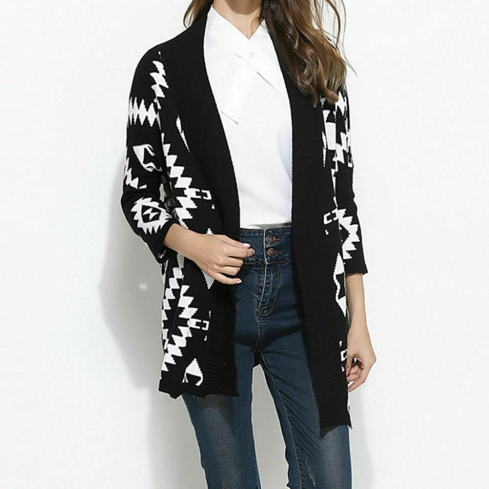 New Women Cardigan Loose Sweater Print Knitted Out Off White Jacket